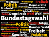 Bundestagswahl - Bilder mit Wörtern aus dem Bereich Bundestagswahl, Wortwolke, Würfel, Buchstabe, Bild, Illustration