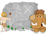 vector illustration of a mammoth explains paleo diet using a food pyramid drawn on stone