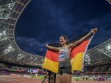 LONDON, UNITED KINDOM - JULY 16: Irmgard Bensusan (age: 26, living in: Leverkusen, local club: Bayer Leverkusen, disciplines: 100m, 200m, 400m, classification: t44) of the German national para athletics team happy over the gold medal at the Olympic Stadium during the World ParaAthletics Championships 2017 on July 16, 2017 in London, United Kindom (Photo © 2017 Oliver Kremer | http://sports.pixolli.com)